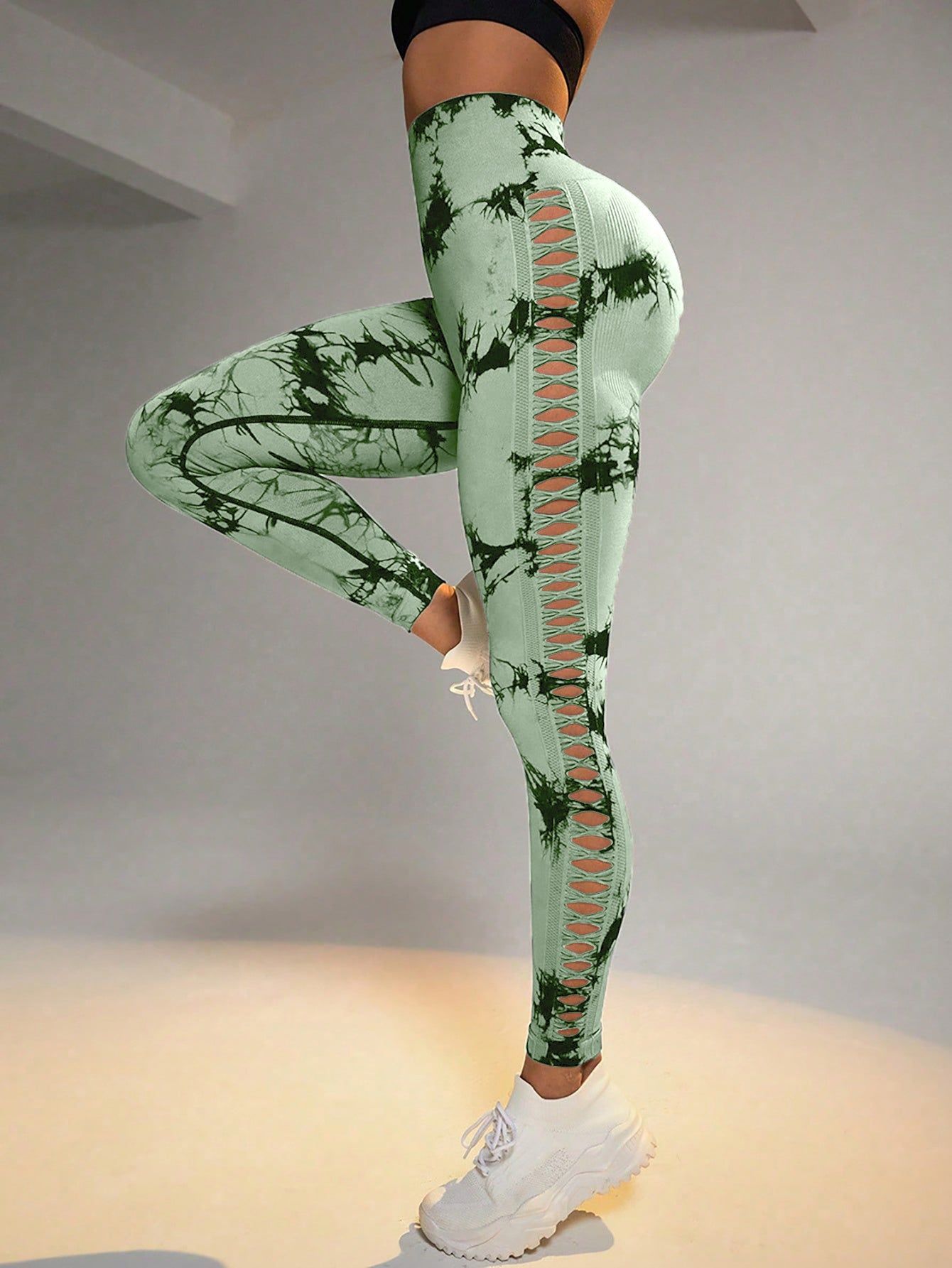 Women’s Tie-Dye High Waist Fitness Leggings Cut-Out Side Hollow Seamless Sports Tights with Hip Lift Design