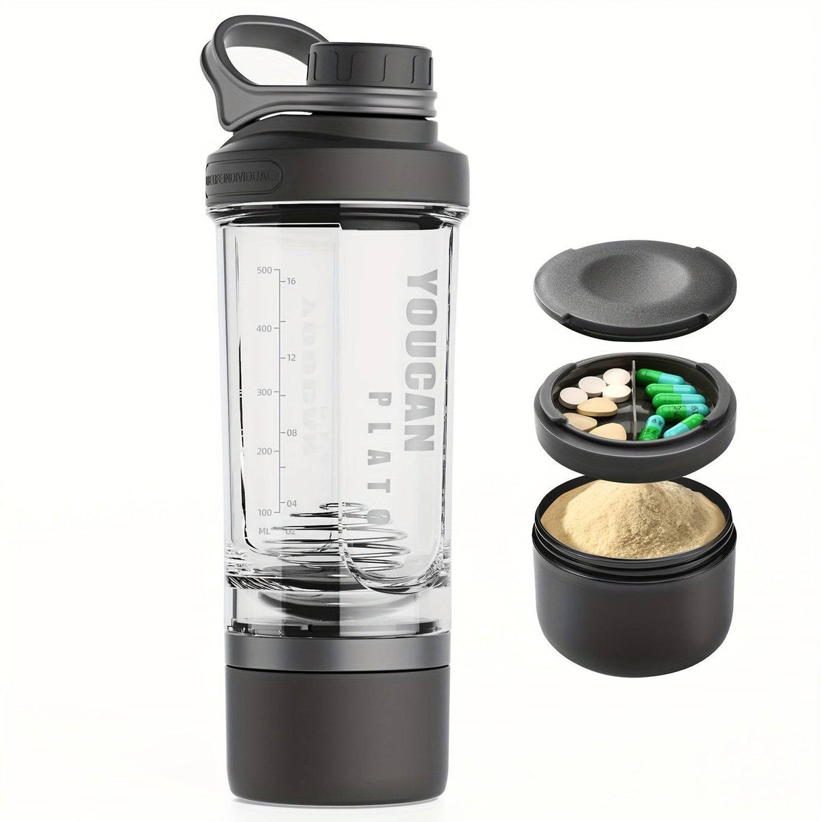 21oz Tritan protein shaker bottle BPA-free with powder container, wire whisk ball, and mixer cup for gym and shakes