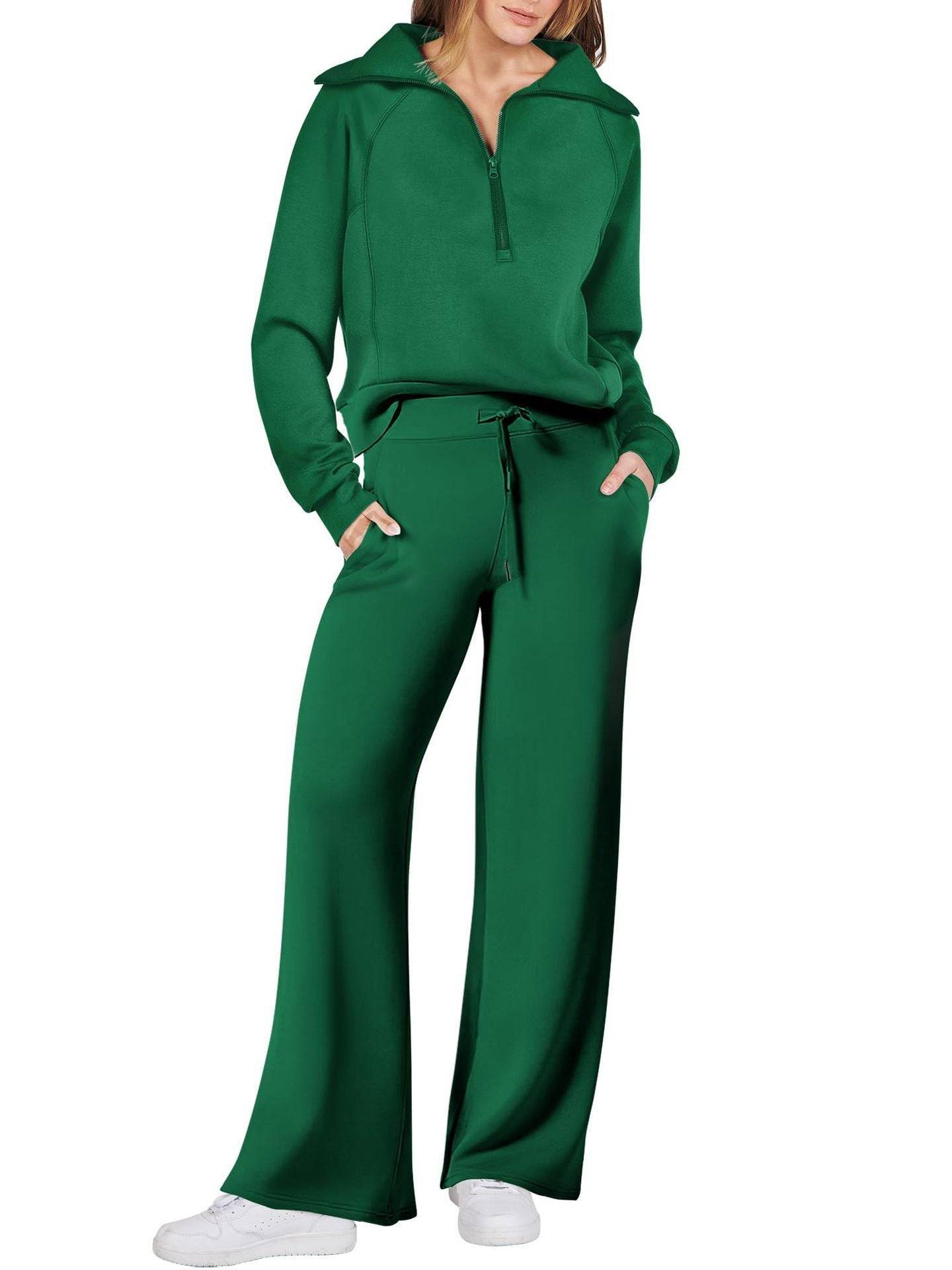Two Piece Set Zip Sweatshirt Wide Leg Pants Suit