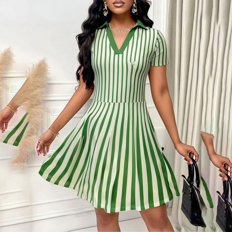 Striped Polo Dress with V Neck and Short Sleeves