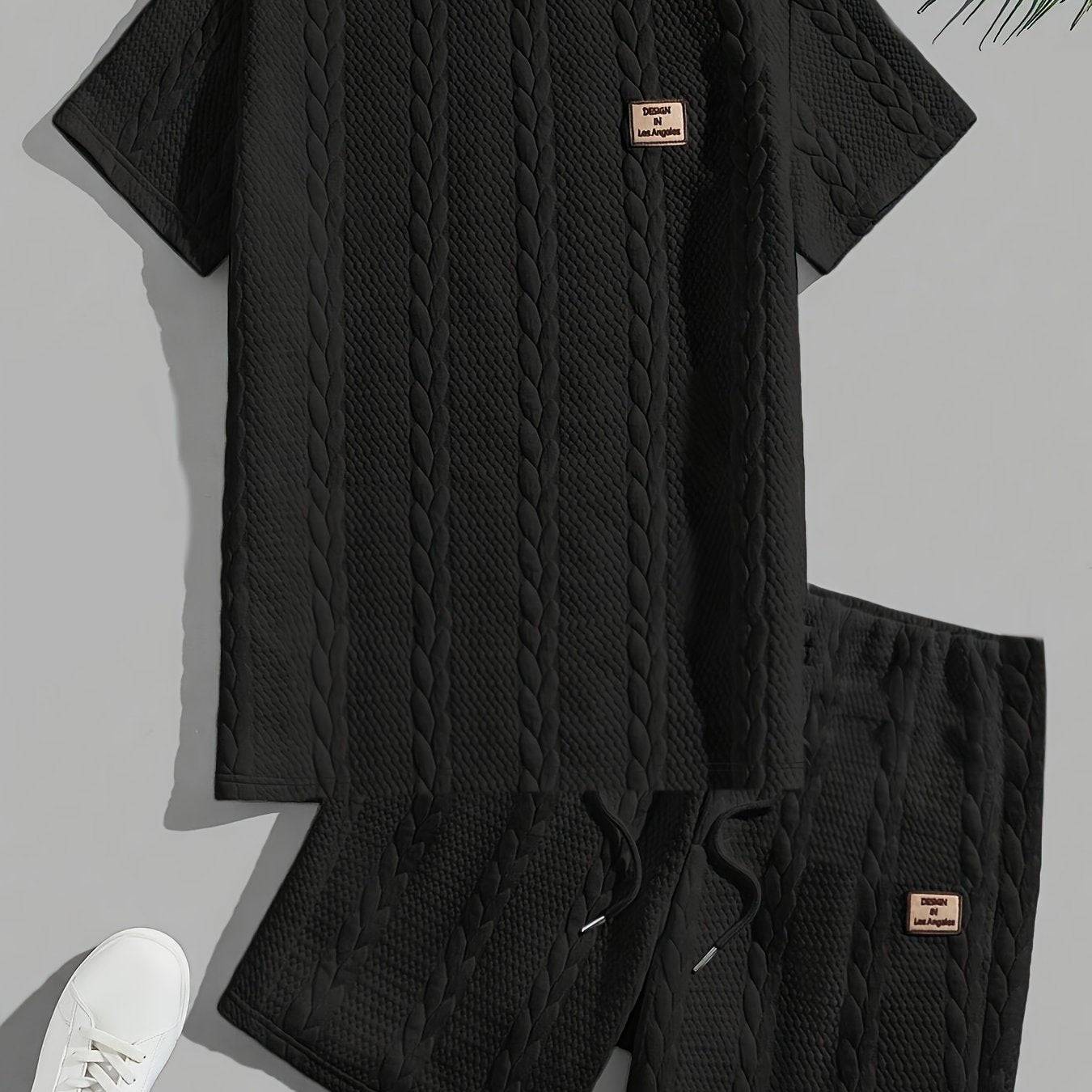 Men's Summer Two-Piece Set, Solid Color Jacquard T-Shirt with Round Neck and Matching Sports Shorts, Casual Outfit for Daily Wear