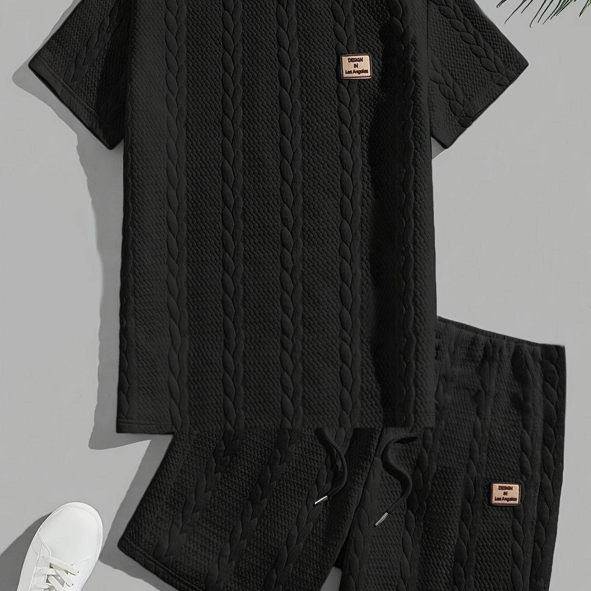 Men's Summer Two-Piece Set, Solid Color Jacquard T-Shirt with Round Neck and Matching Sports Shorts, Casual Outfit for Daily Wear