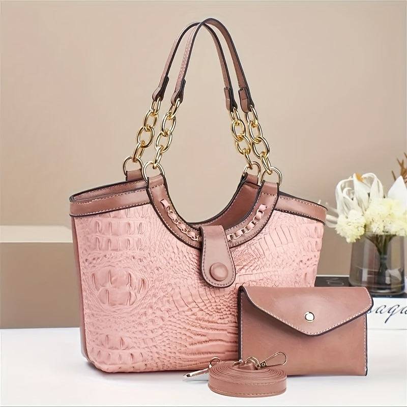 Women’s Vintage Crocodile Tote Bag – Chain Strap, Multi-Compartment Crossbody with Zipper Closure