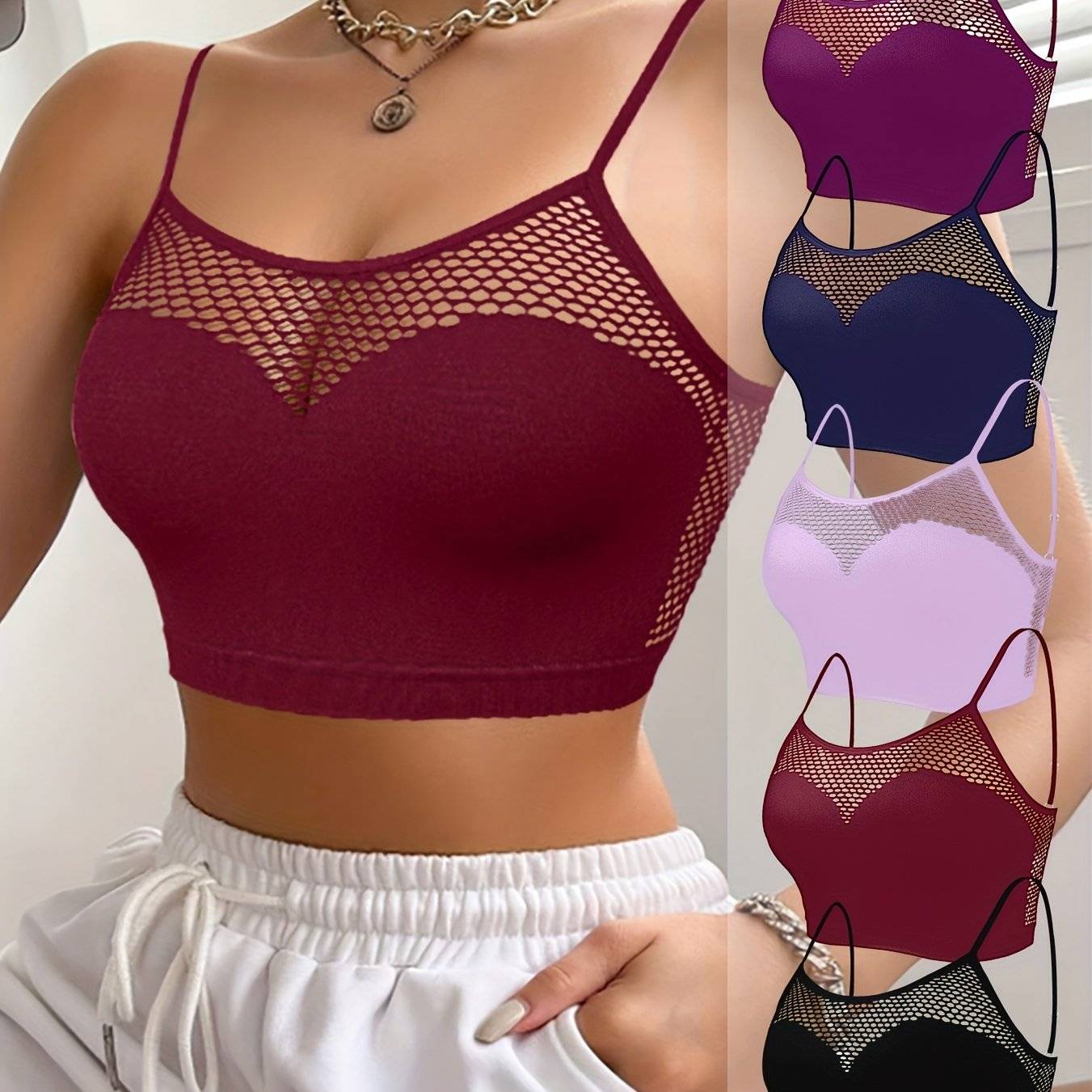 5pcs Women’s Strapless Camisole Bras, Solid Color Wireless Bras with Breathable Mesh and Adjustable Straps
