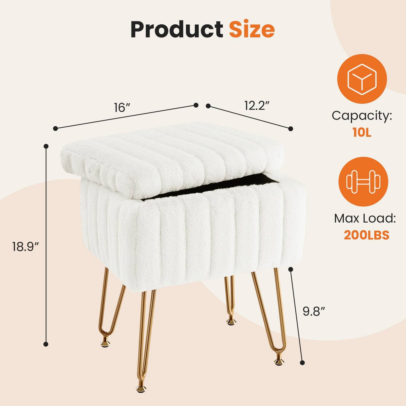 Vanity Stool with Hidden Storage Faux Fur Seat