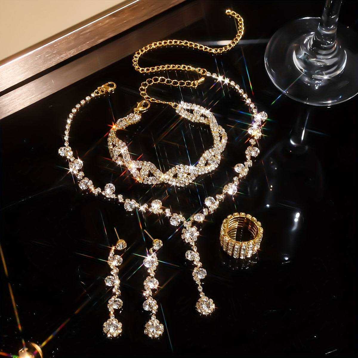 5pcs Women’s Rhinestone Accessory Set – Wallet, Clutch Bag, Necklace, Earrings & Bracelet for Brides and Formal Events
