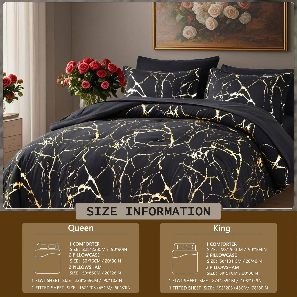 7-Piece Hot Stamping Comforter Set Queen, Soft Ultra-Fine Fiber Bedding with Sheets and Pillowcases, Lightweight All-Season Use