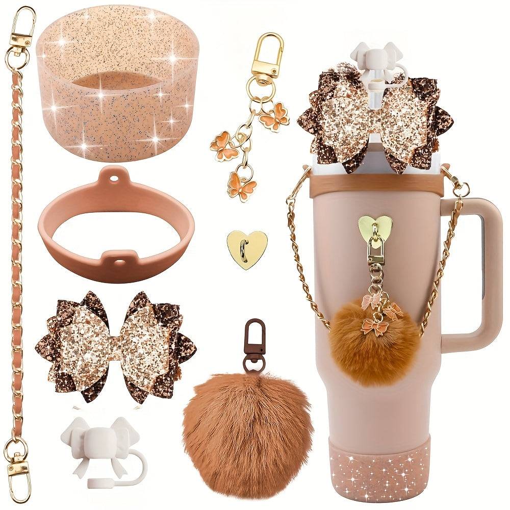Bling Cup Accessories Set for 40oz & 30oz Tumblers, Silicone Bow Straw Topper, Cup Boot, Handle Strap and Decorative Charms (No Cup)