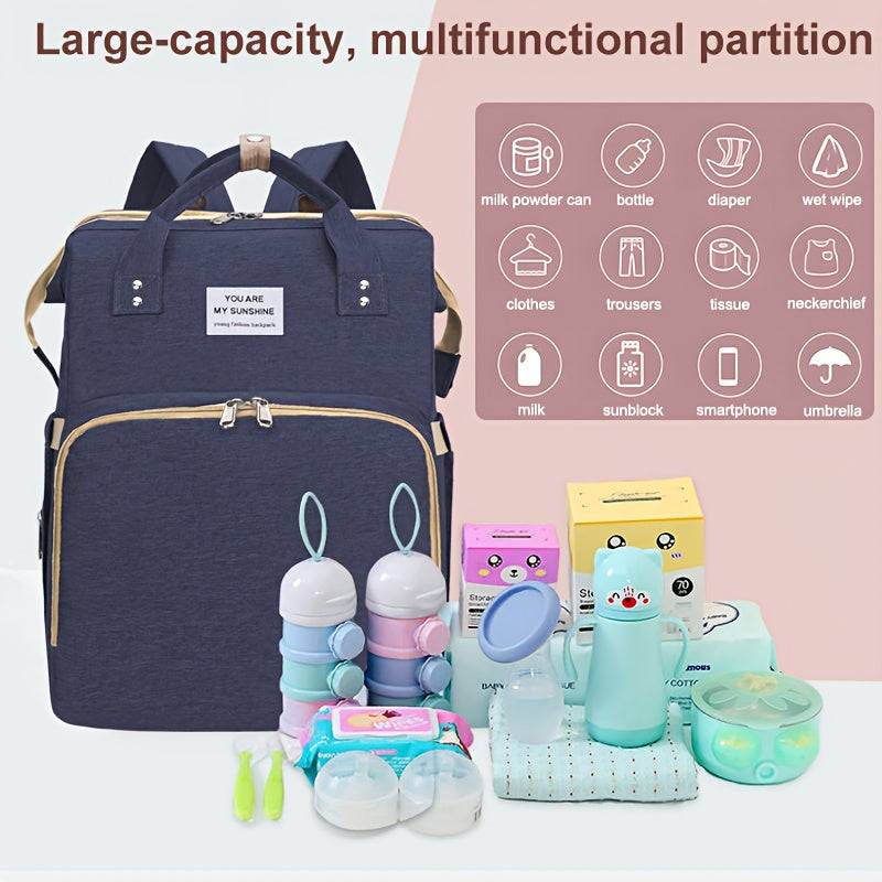 Multifunctional mommy backpack with foldable portable baby crib, double shoulder straps, stroller-friendly and large capacity