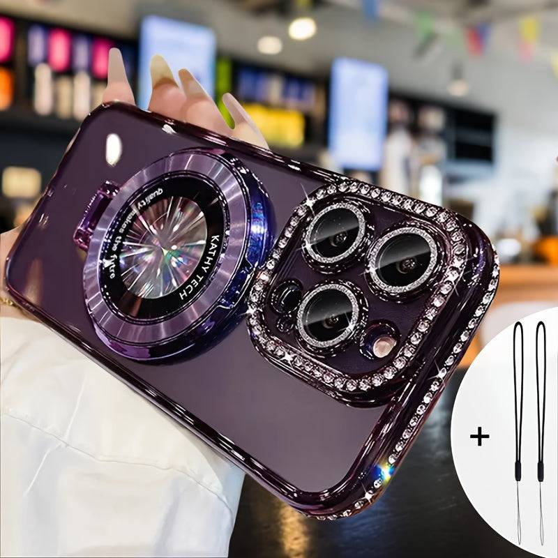 Luxury Magnetic iPhone Case with Diamond Frame – Lens Film, Stand Support & Dual Lanyards, Shockproof Cover for iPhone 14 to 16 Plus, Pro & Pro Max