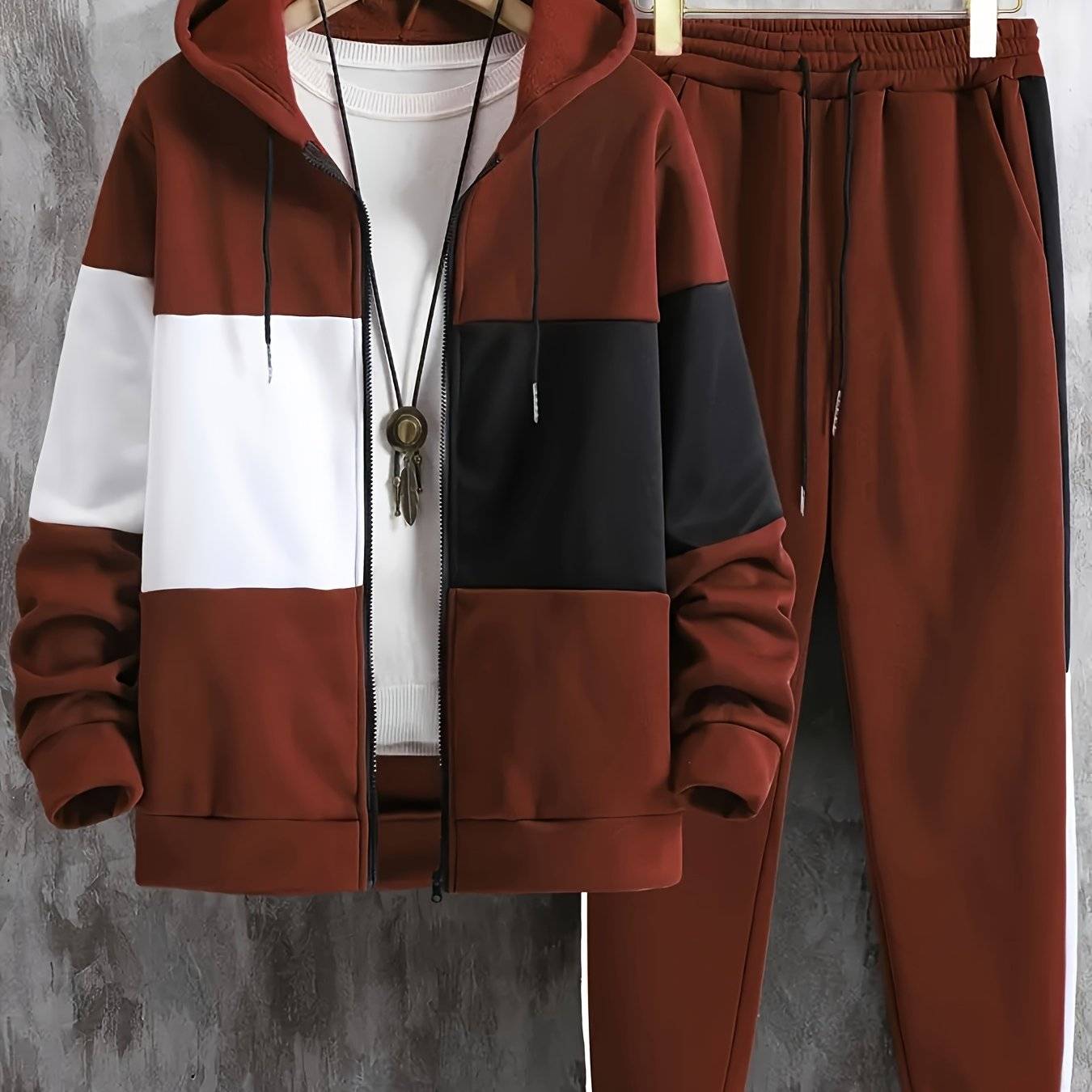 Men's Two-Piece Tracksuit, Contrast Zipper Hoodie with Long Sleeves and Drawstring Pants, Casual Outfit for Outdoor Wear