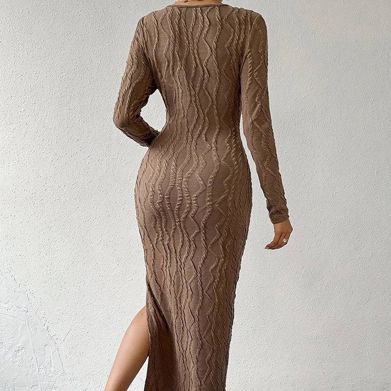 Ribbed Bodycon Midi Dress with Crew Neck Long Sleeves