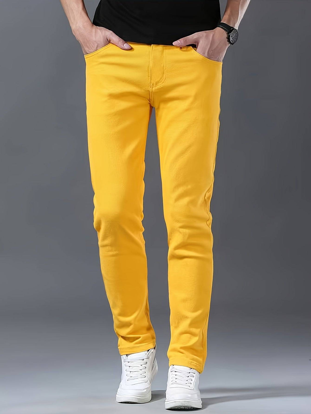 Men’s Stretch Jeans Yellow Denim Trousers Business Casual Style All-Season Wear