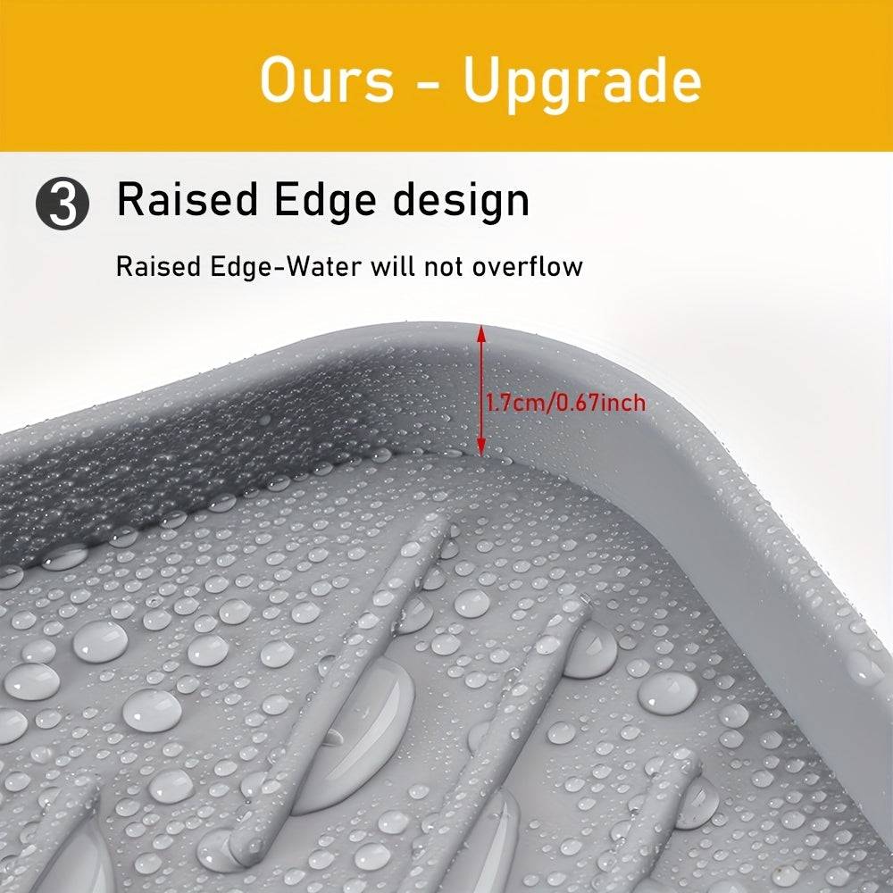Close-up of upgraded silicone sink tray with raised edge design to prevent water overflow, ideal for kitchen and bathroom use.