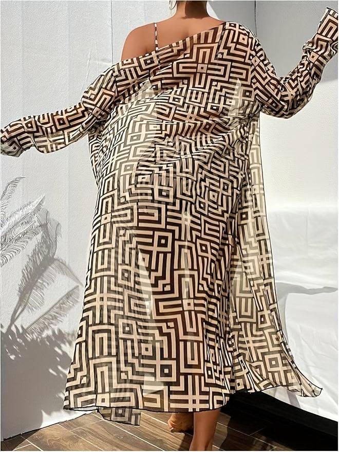 Back view of sheer cover-up from 3pcs Women’s One-Shoulder Swimsuit Set, highlighting lightweight fabric and bold geometric vacation-ready design.