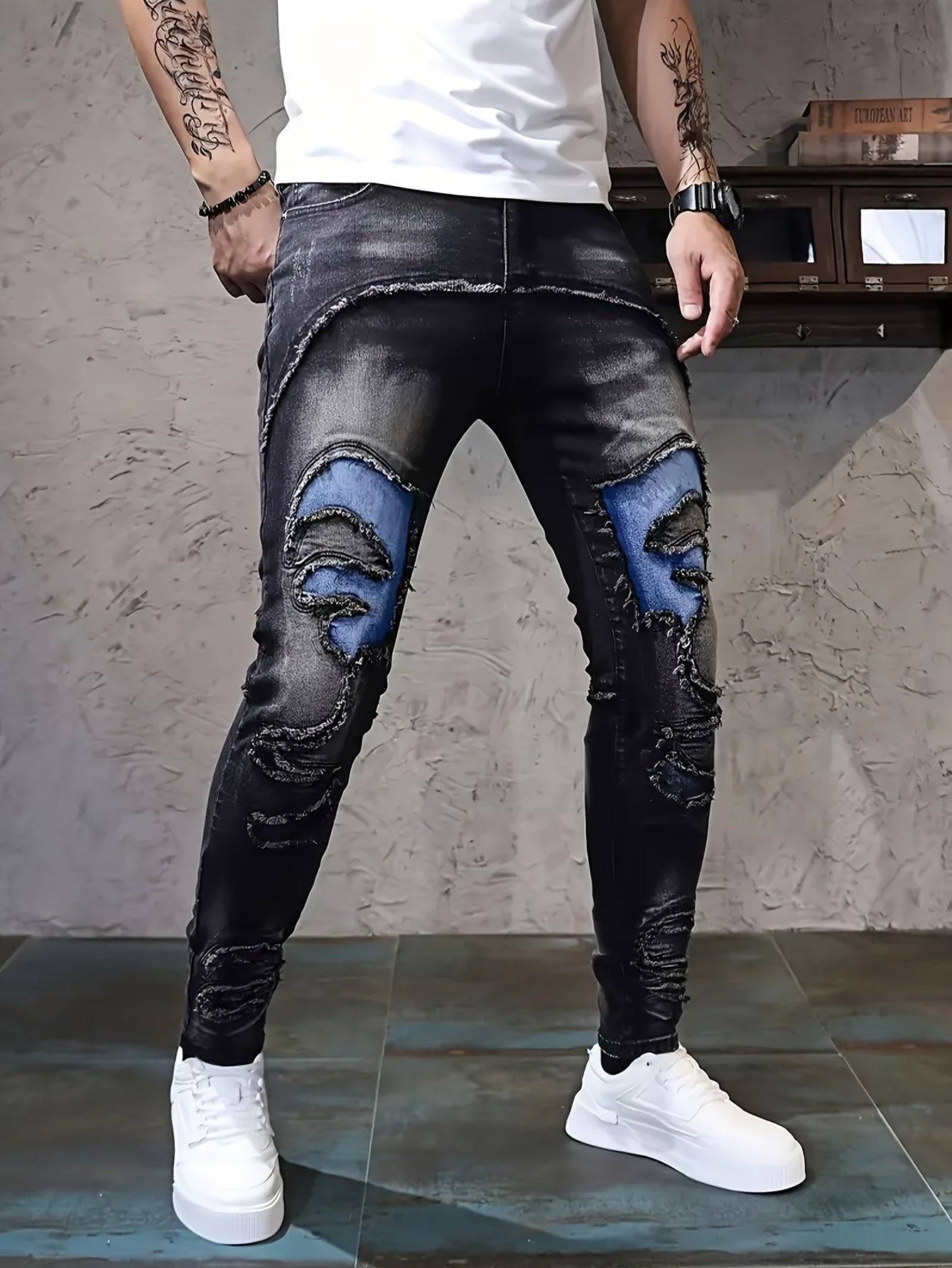 Men’s Slim Fit Jeans Blue Splicing Design Stretch Denim Versatile High Street Style for All-Season Wear