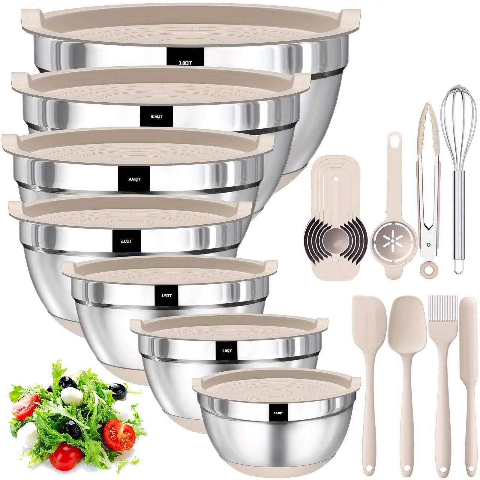 20pcs Stainless Steel Mixing Bowls Set with Lids Non-Slip Silicone Base Multiple Sizes for Baking, Serving & Prep