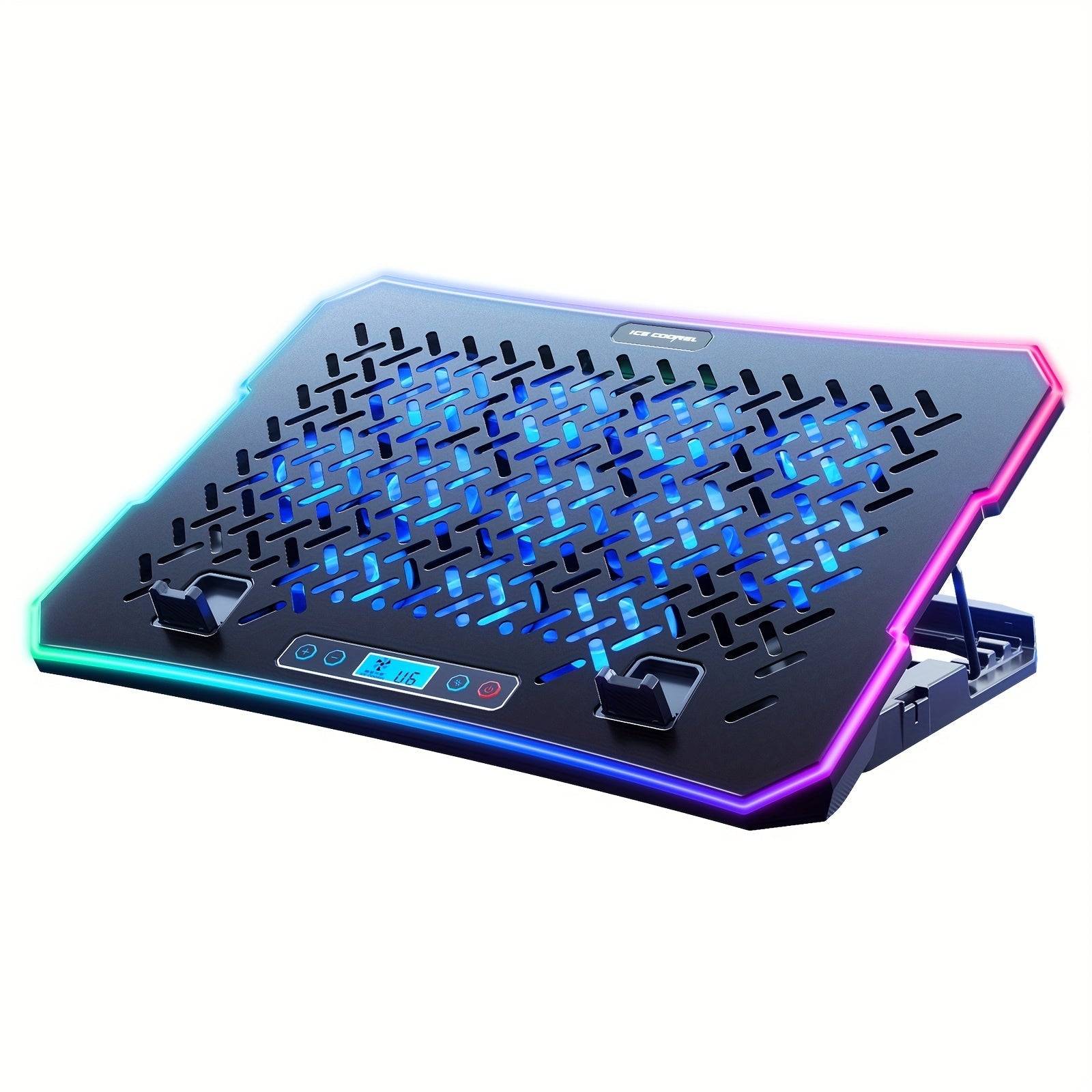 ICE COOREL Adjustable Laptop Stand with Cooling Fan and RGB Lighting, Universal Laptop Cooling Pad with Phone Holder for 15.6–19.3" Gaming Laptops