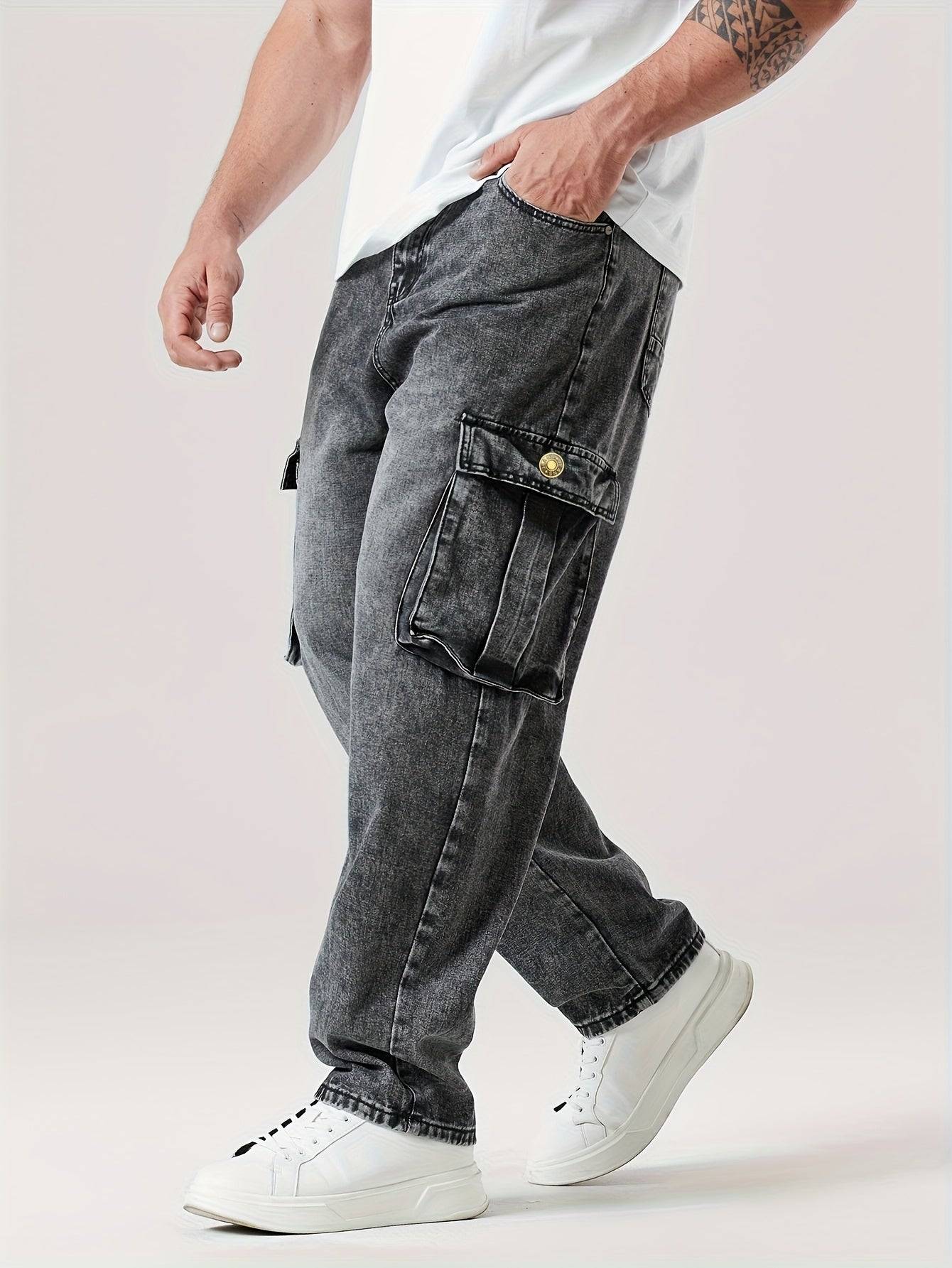 Men’s Casual Straight Cargo Jeans Relaxed Loose Fit, Multi-Pocket Work Style Durable Cotton Blend for All Seasons