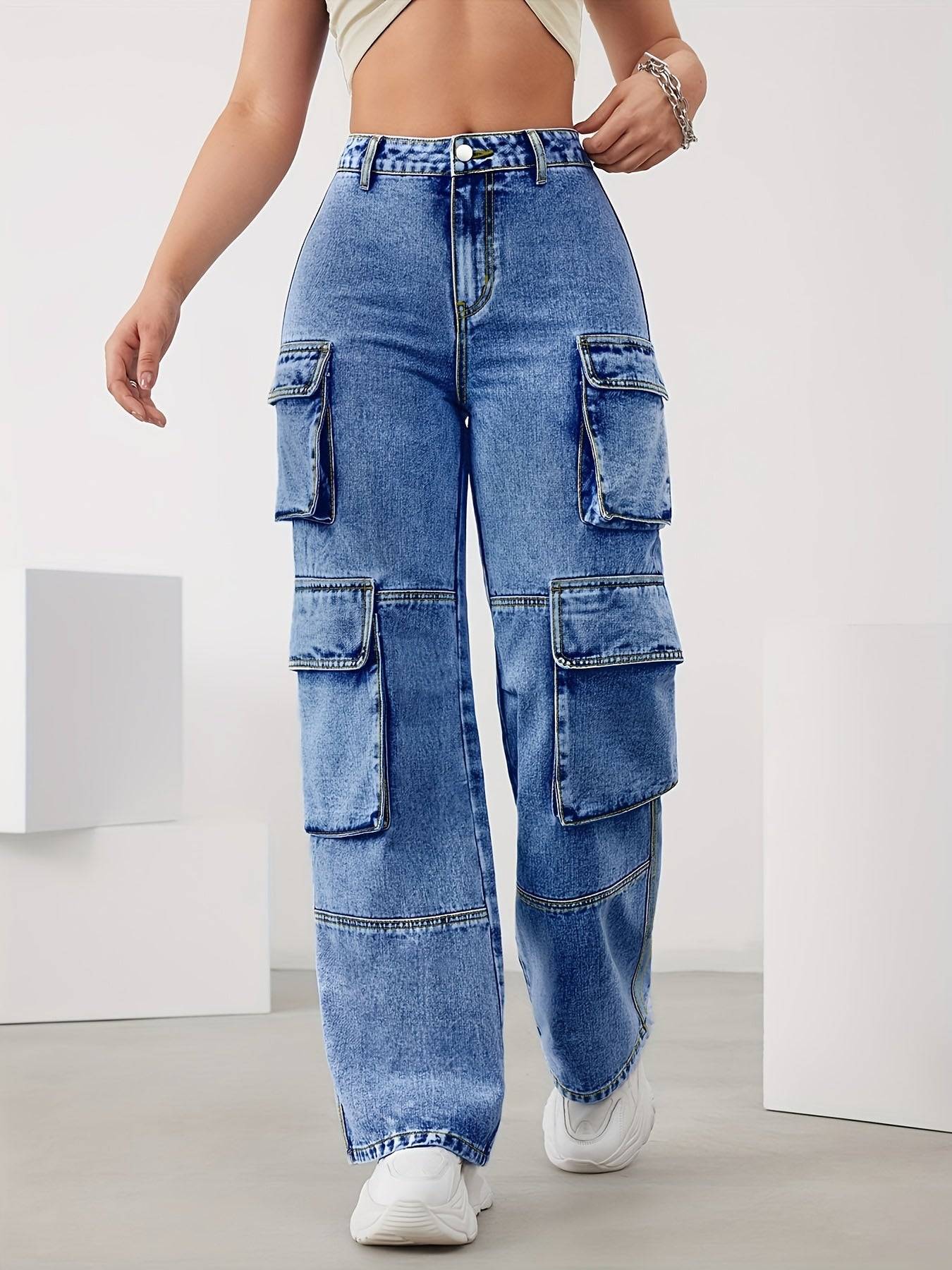 Women’s High-Waist Cargo Jeans Stretchy Wide-Leg Denim with Multiple Pockets in Light Blue