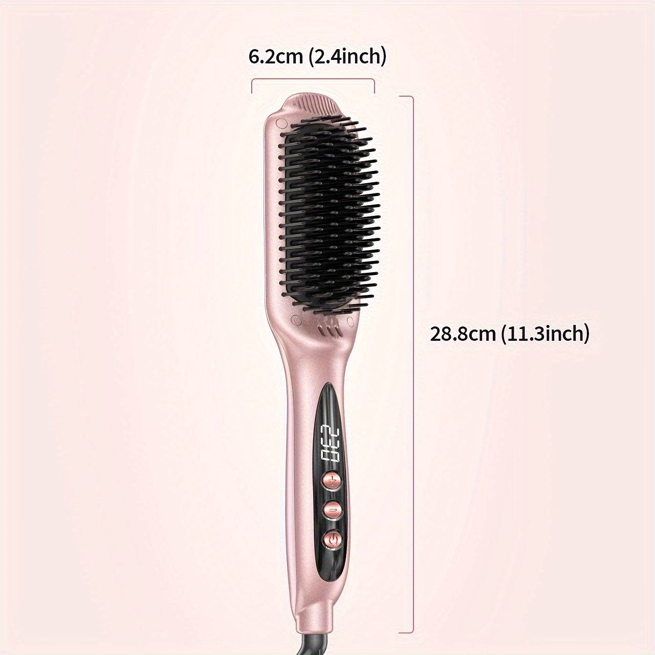Hair Straightener Brush with Ionic Technology, Ceramic Heated Comb with 12 Temps & Dual Voltage, Flat Iron Brush for Thick Curly Hair, Rose Gold