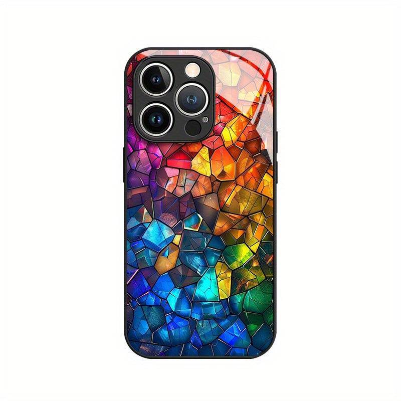 Colorful Glass Splicing Phone Case Fashionable Tempered Glass Protective Cover Anti-Fall & Anti-Fouling Design for iPhone X–16 Pro Max