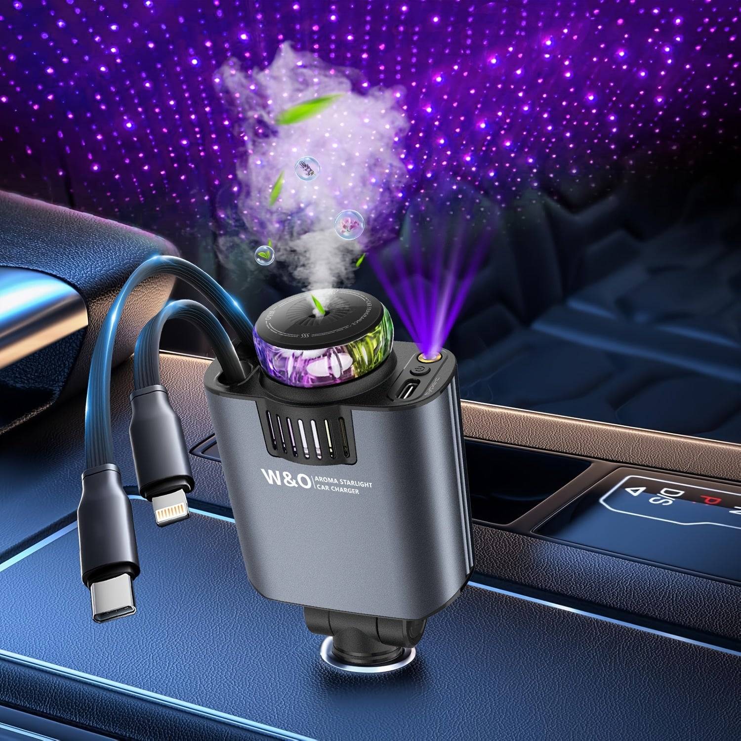 3-in-1 Multifunctional Car Charger Air Freshener, Starry Sky Light & Dual Retractable Cables for a Stylish Drive