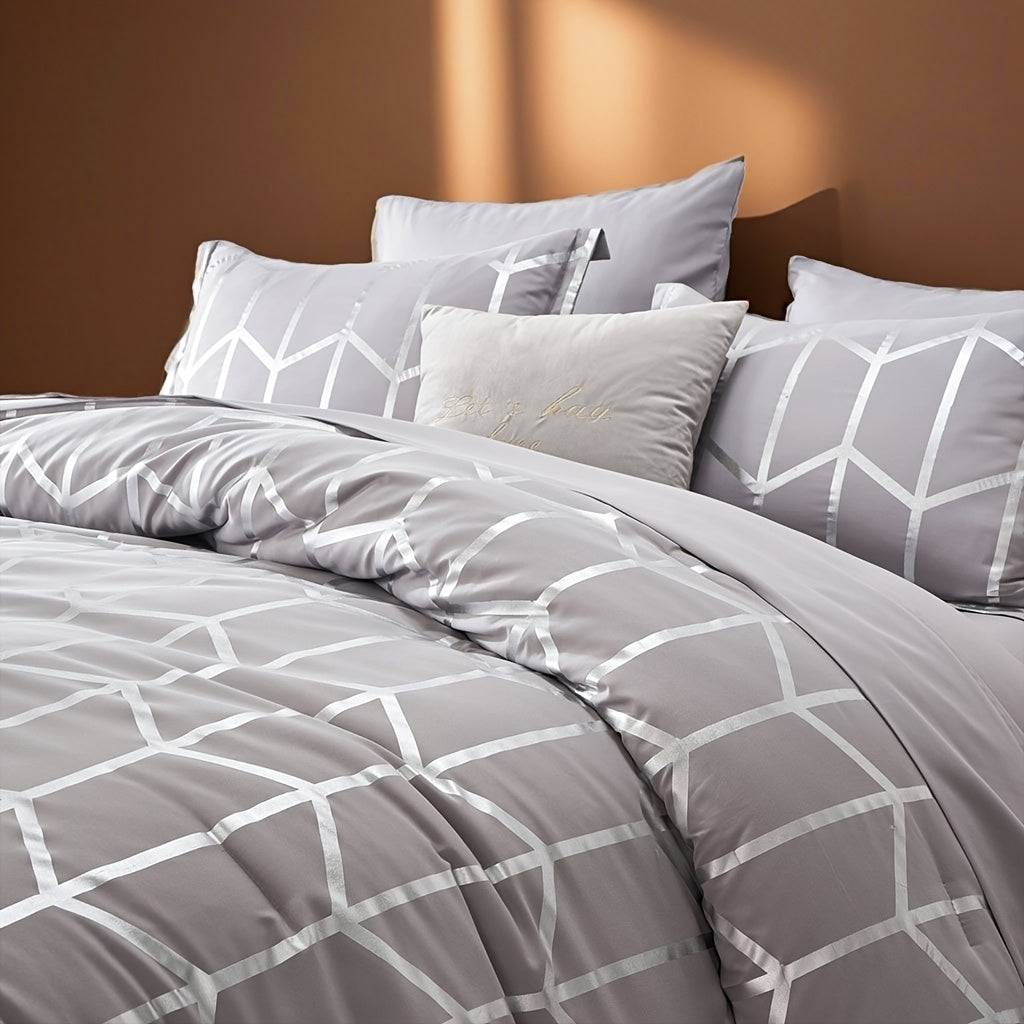 5/7-Piece Golden Foil Comforter Set, Soft Microfiber Queen Bedding with Pillowcases and Sheets, All-Season Easy-Care