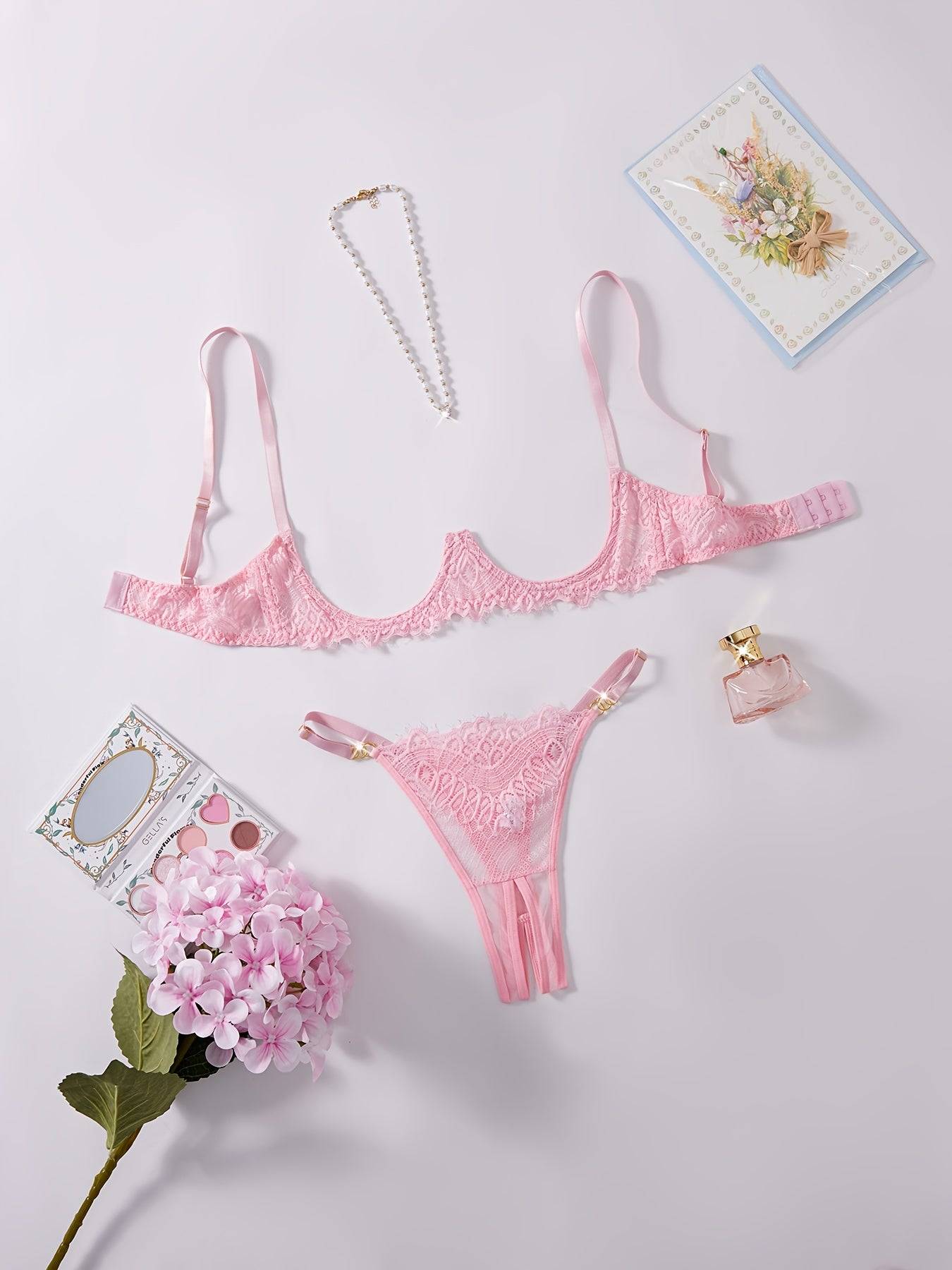 Women's Hollow-Out Lace Lingerie Set – Intricate Design in Red, Pink & White, Comfortable Matching Set