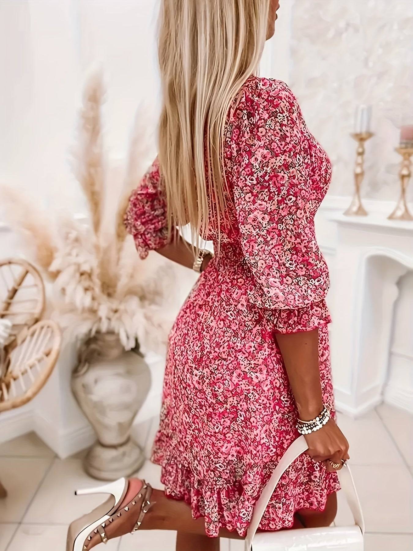 Floral V Neck Dress with Ruffle Sleeves