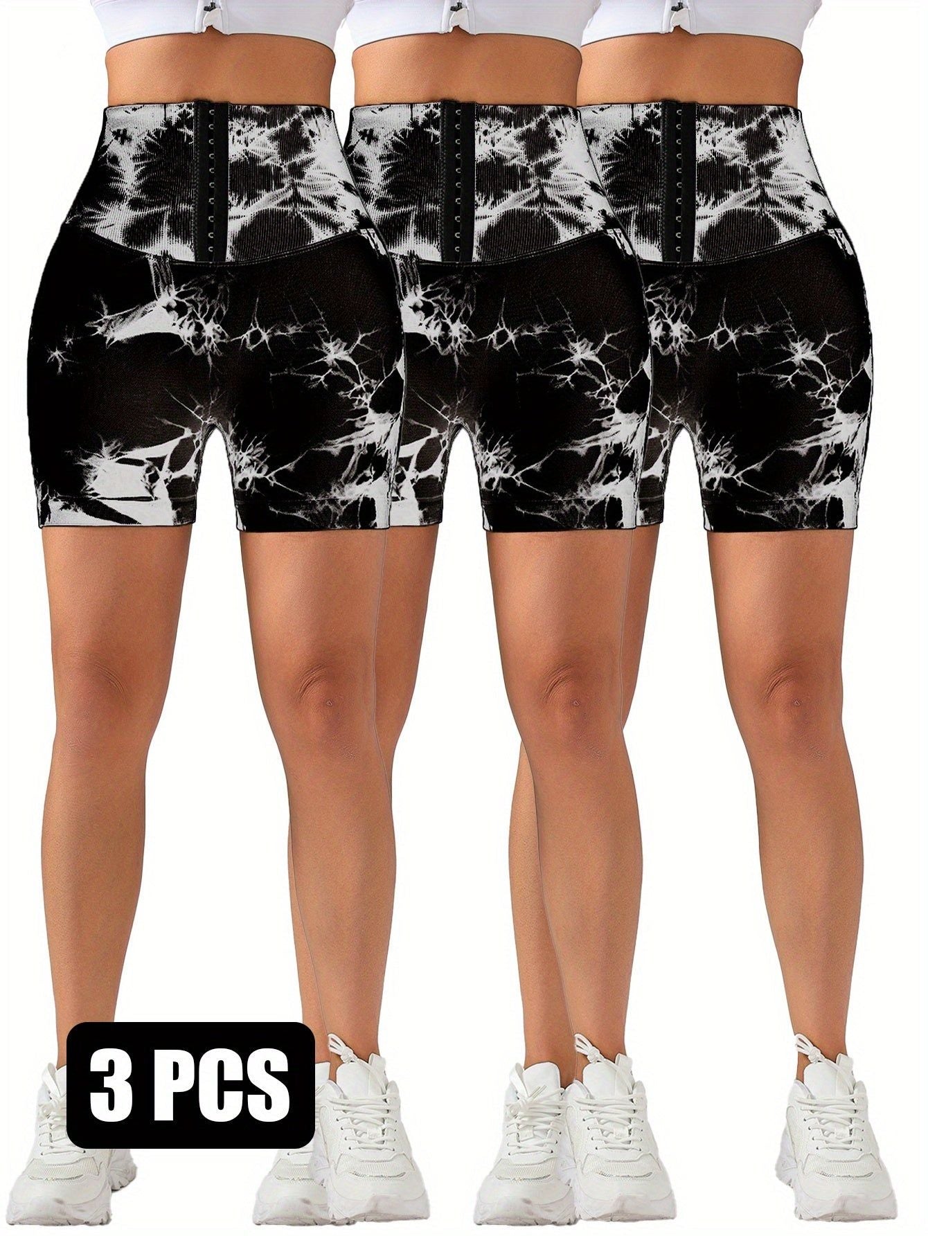 3 Pack Seamless Tie Dye High Waist Shorts Tummy Control