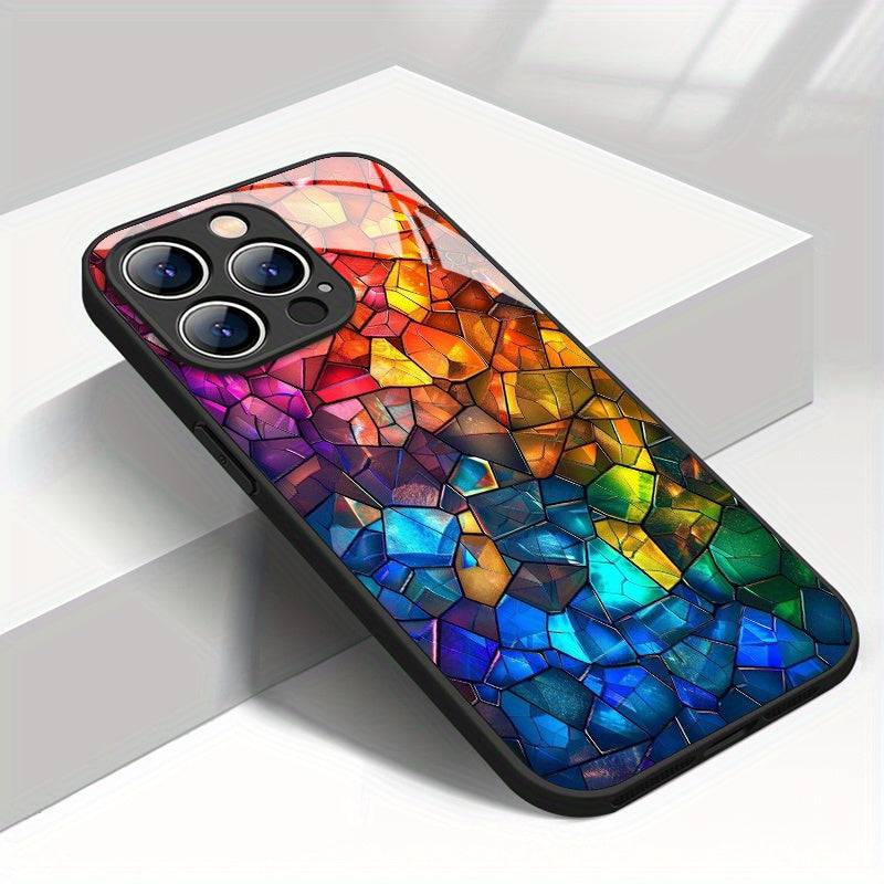 Colorful Glass Splicing Phone Case Fashionable Tempered Glass Protective Cover Anti-Fall & Anti-Fouling Design for iPhone X–16 Pro Max