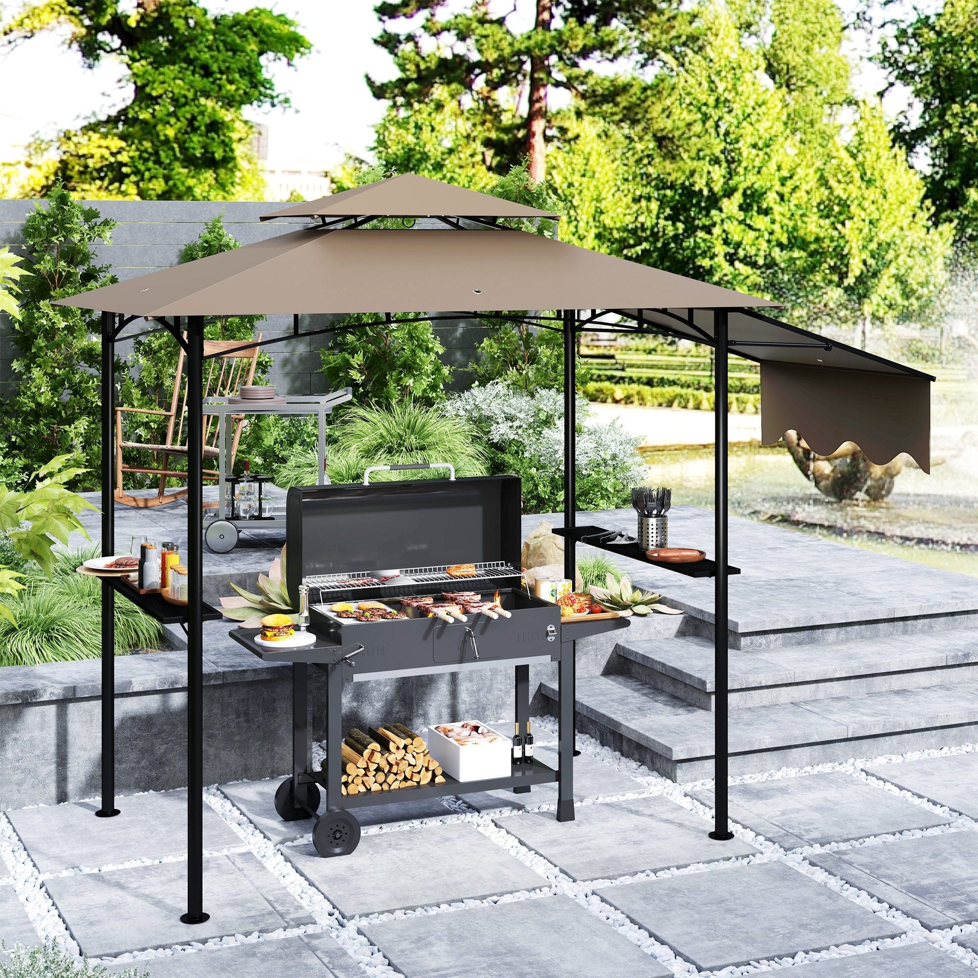Outdoor Grill Gazebo With Double Roof And Side Shelves