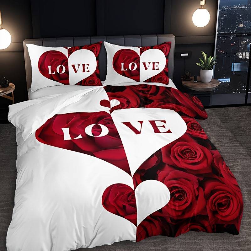 3-Piece Red & White Love Heart Duvet Cover Set – Romantic Digital Print Bedding for Bedroom Decor & Mother’s Day Gift