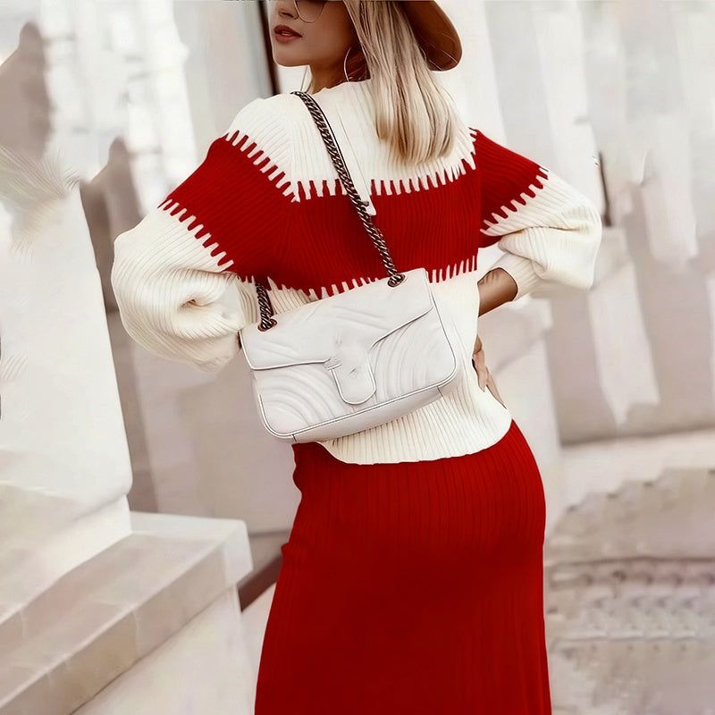 Two Piece Set Knit Color Block Sweater Skirt Winter Formal