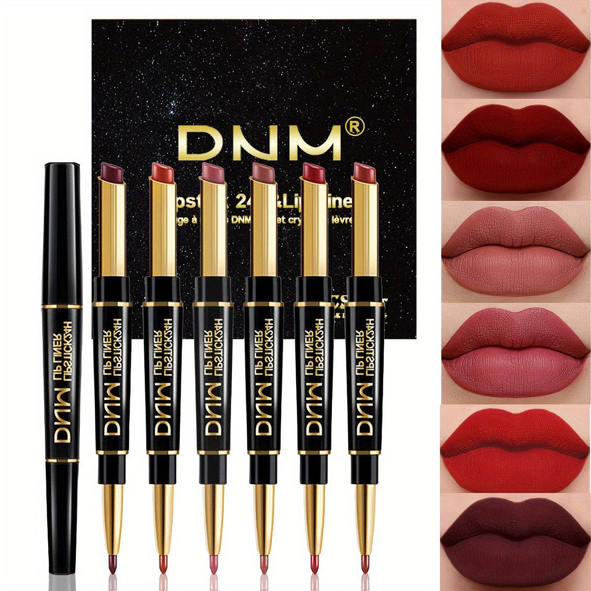 6pcs Matte Lipstick & Lip Liner Set Double-Ended Waterproof Pencils Nude to Red Shades for All-Day Wear