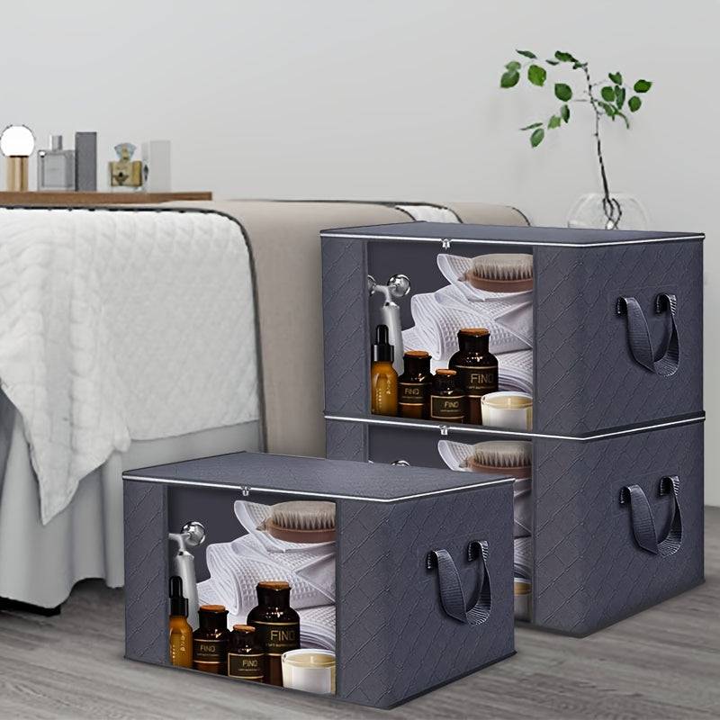 3-Pack Large Capacity Foldable Storage Bins, Grey Woven Fabric Boxes for Bedroom, Dorm, Wardrobe or Under-Bed Organization
