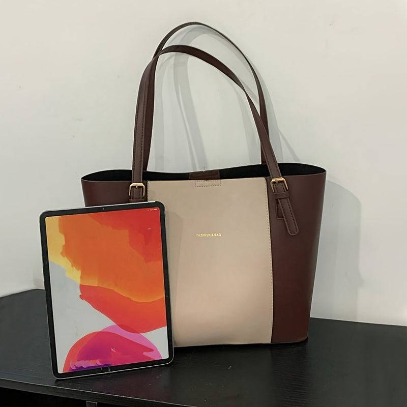 Women’s Large Shoulder Bag – Black & Gold Contrast, Adjustable Straps, Snap Closure, Minimalist Style