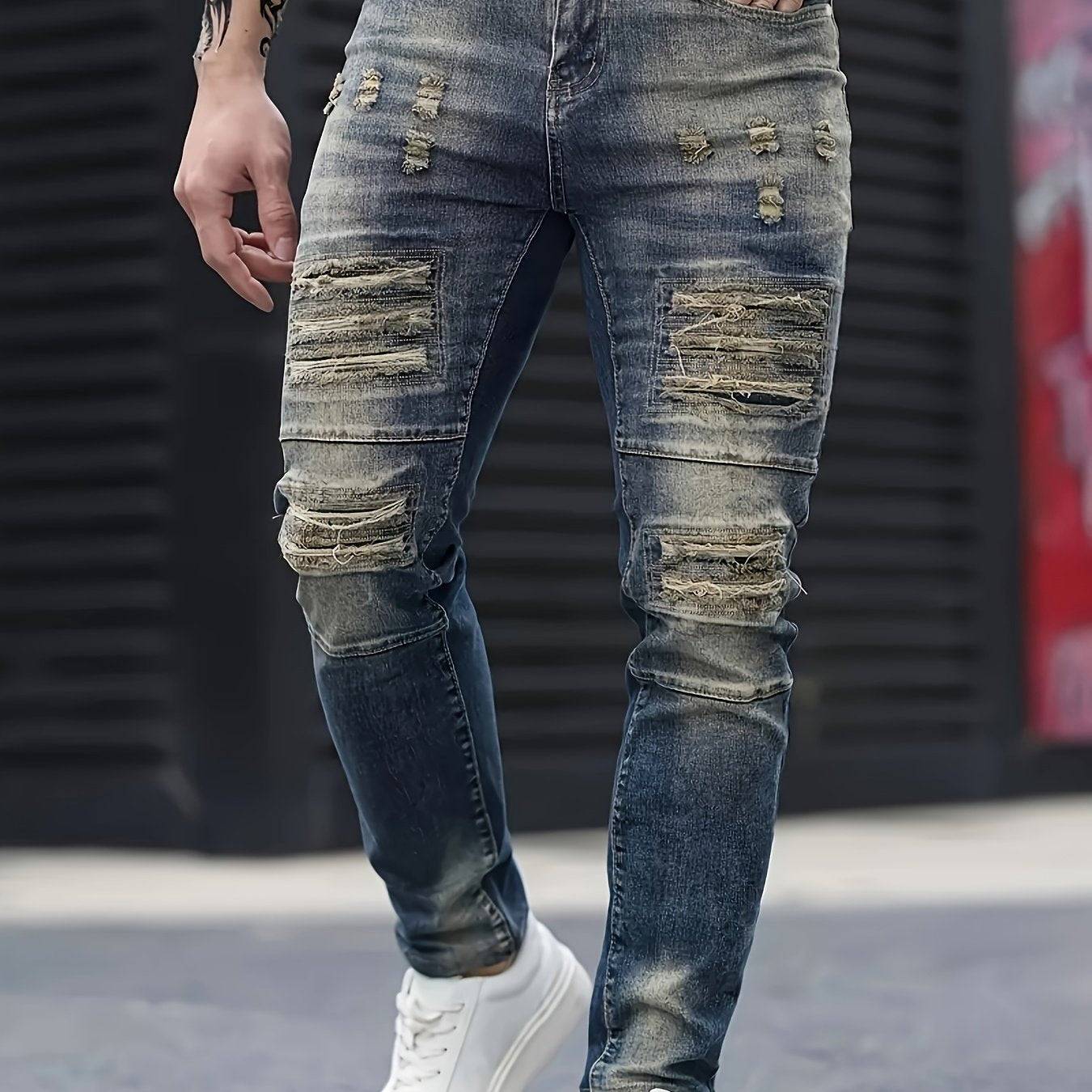 Men’s Slim Fit Stretch Denim Jeans Dark Blue Ripped Design Crafted Distressed Look for All-Season Wear