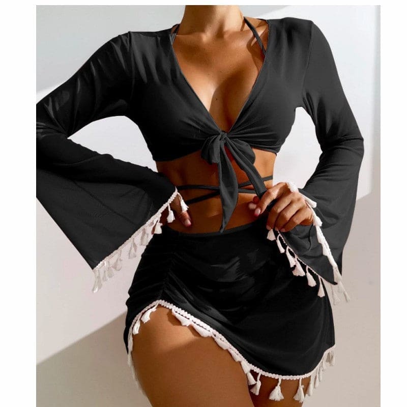 Solid Color Bikini With Short Skirt And Long Sleeve Cover-up Fashion Bow Tie Fringed Swimsuit Set Summer Beach Womens Clothing - PMMNAPOLES