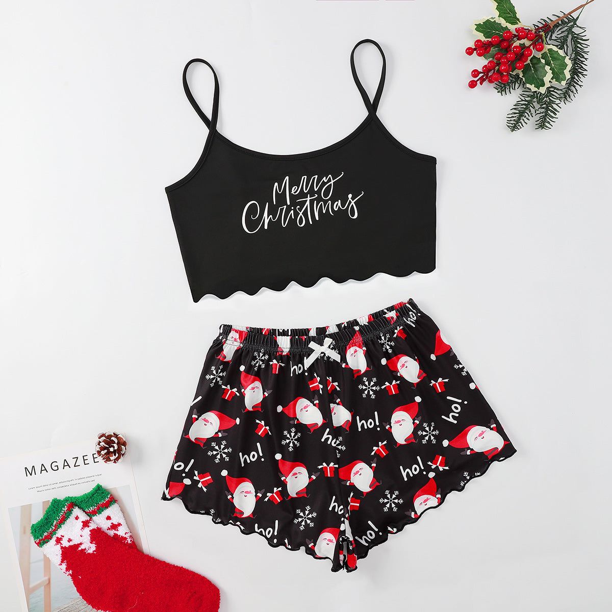 Pajama Set Christmas Women Sleeveless Top and Shorts