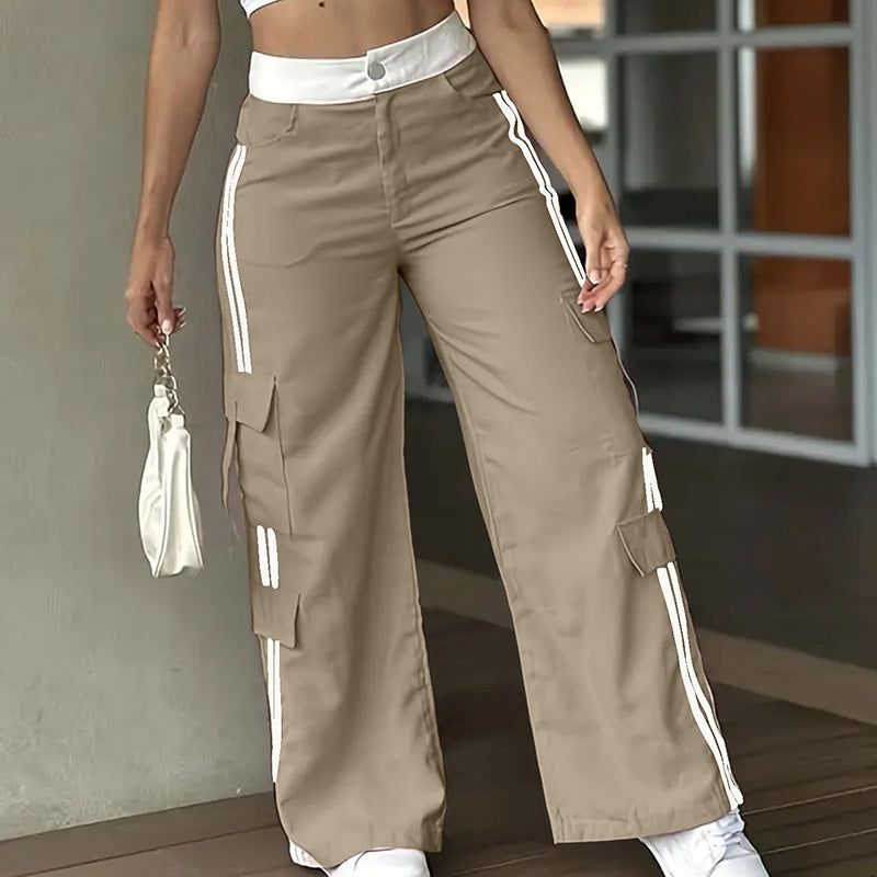 Striped Straight Leg Pants with Button Zip Closure