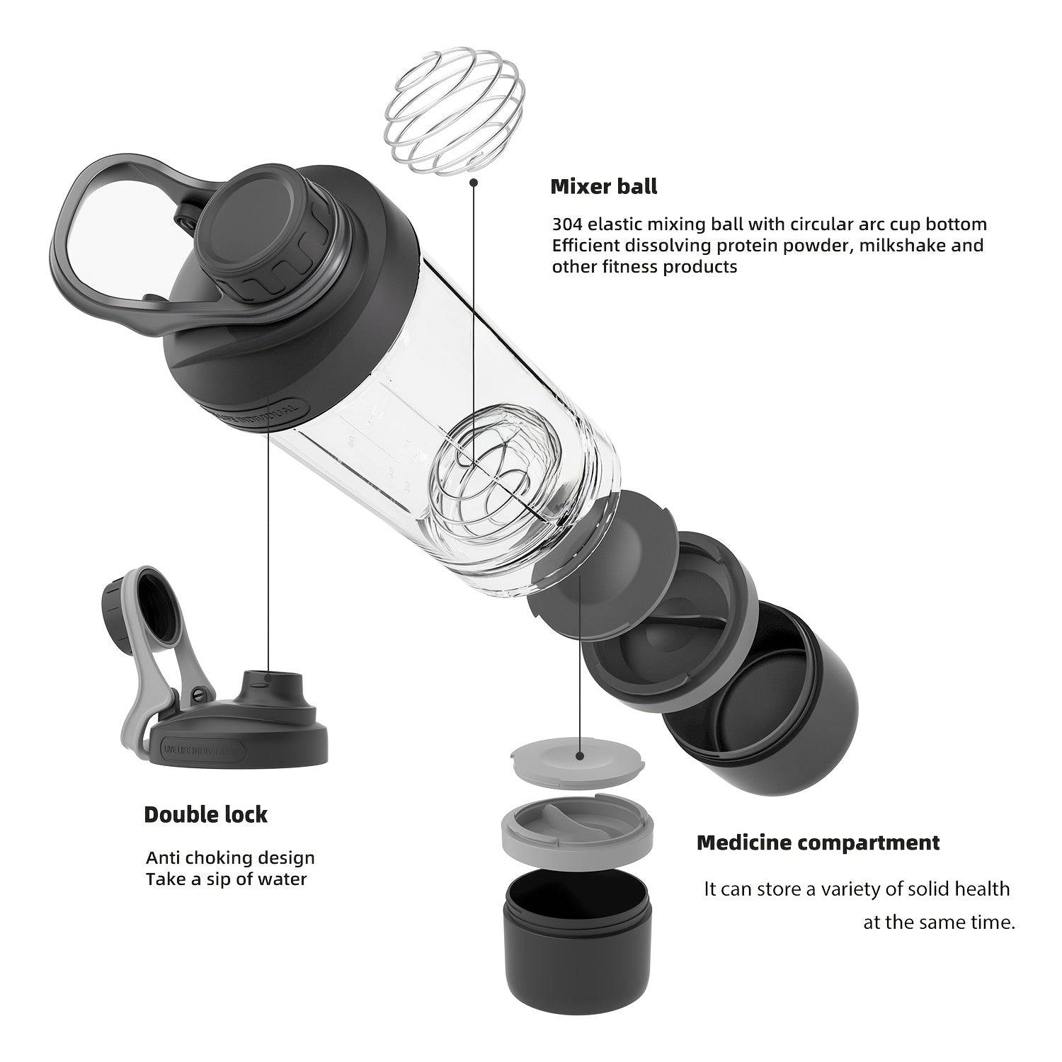 21oz Tritan protein shaker bottle BPA-free with powder container, wire whisk ball, and mixer cup for gym and shakes