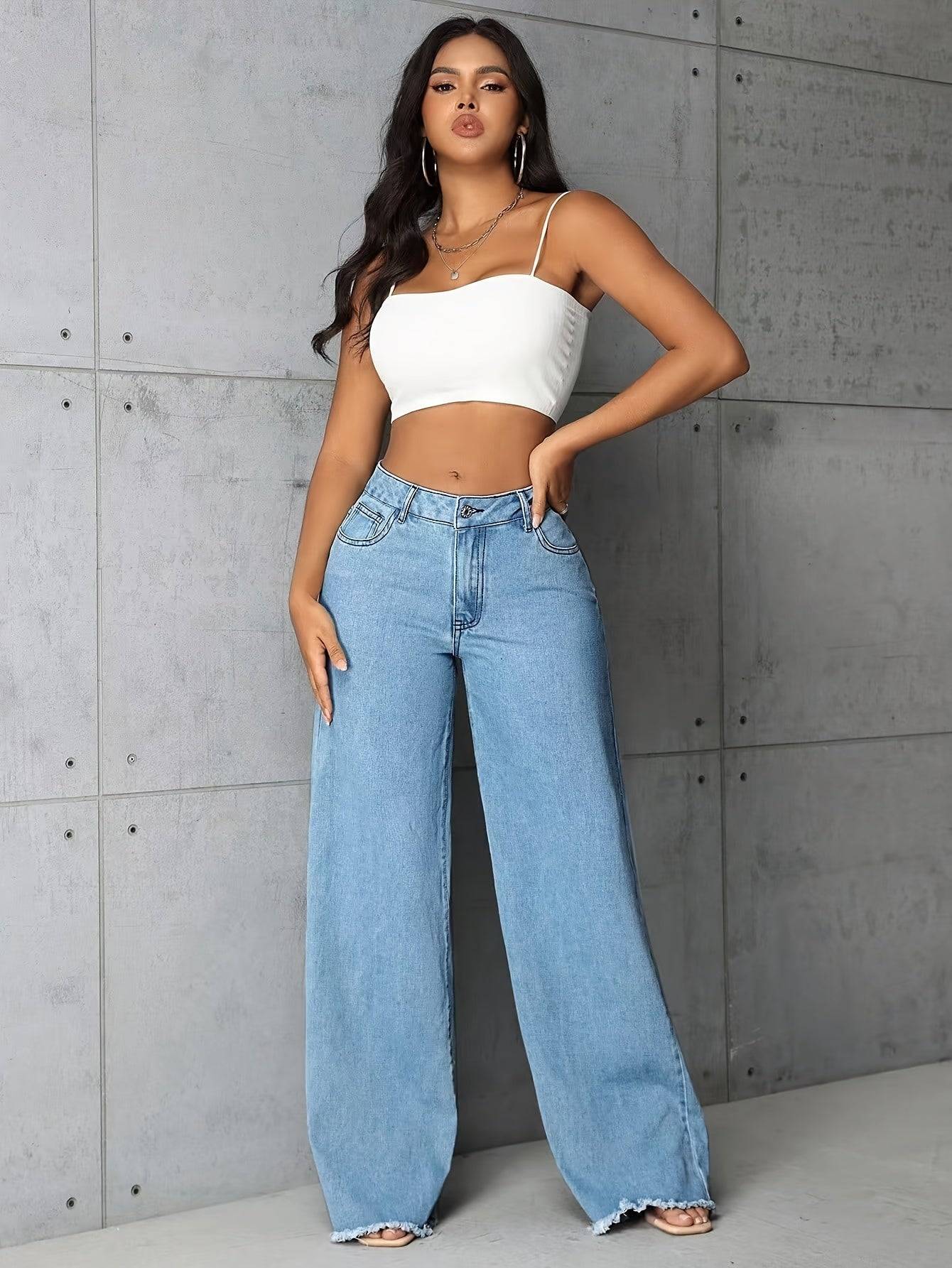 Women’s Low-Rise Wide-Leg Jeans Raw Hem Baggy Denim Pants Casual Loose Fit Boyfriend Style