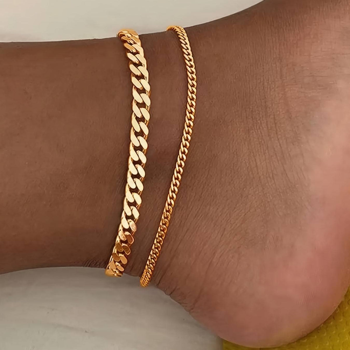 2-Piece Stainless Steel Women’s Anklet Set Double-Layer Cuban Chain for Daily Wear & Vacation