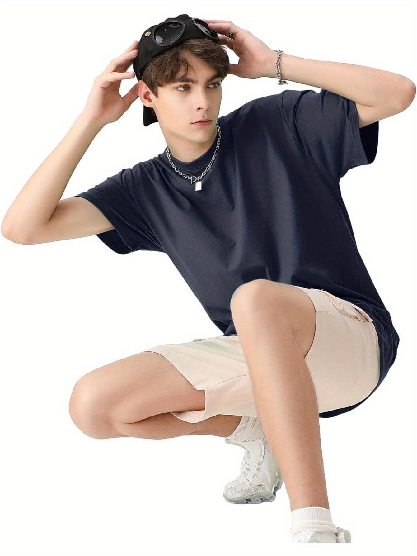 3pcs Men’s Oversized Crew Neck T-Shirts, Unisex Solid Color Cotton Tops with Short Sleeves, Lightweight & Breathable