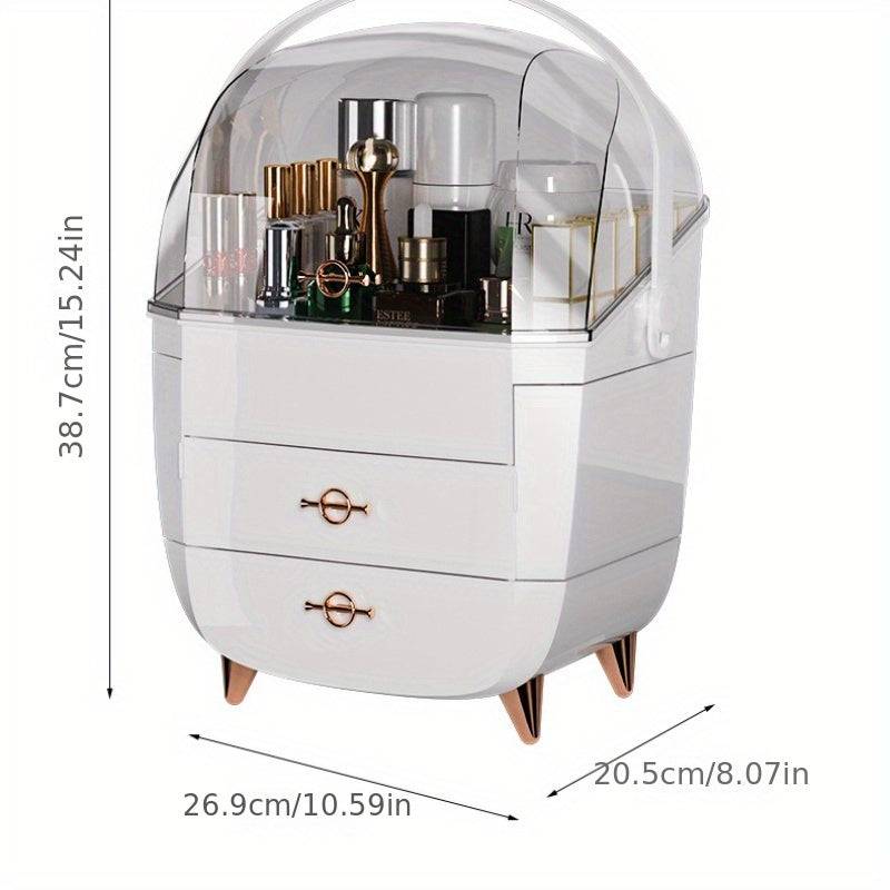 Light Luxury Cosmetic Storage Box with dimensions labeled, showcasing its large-capacity design for organizing beauty products efficiently.