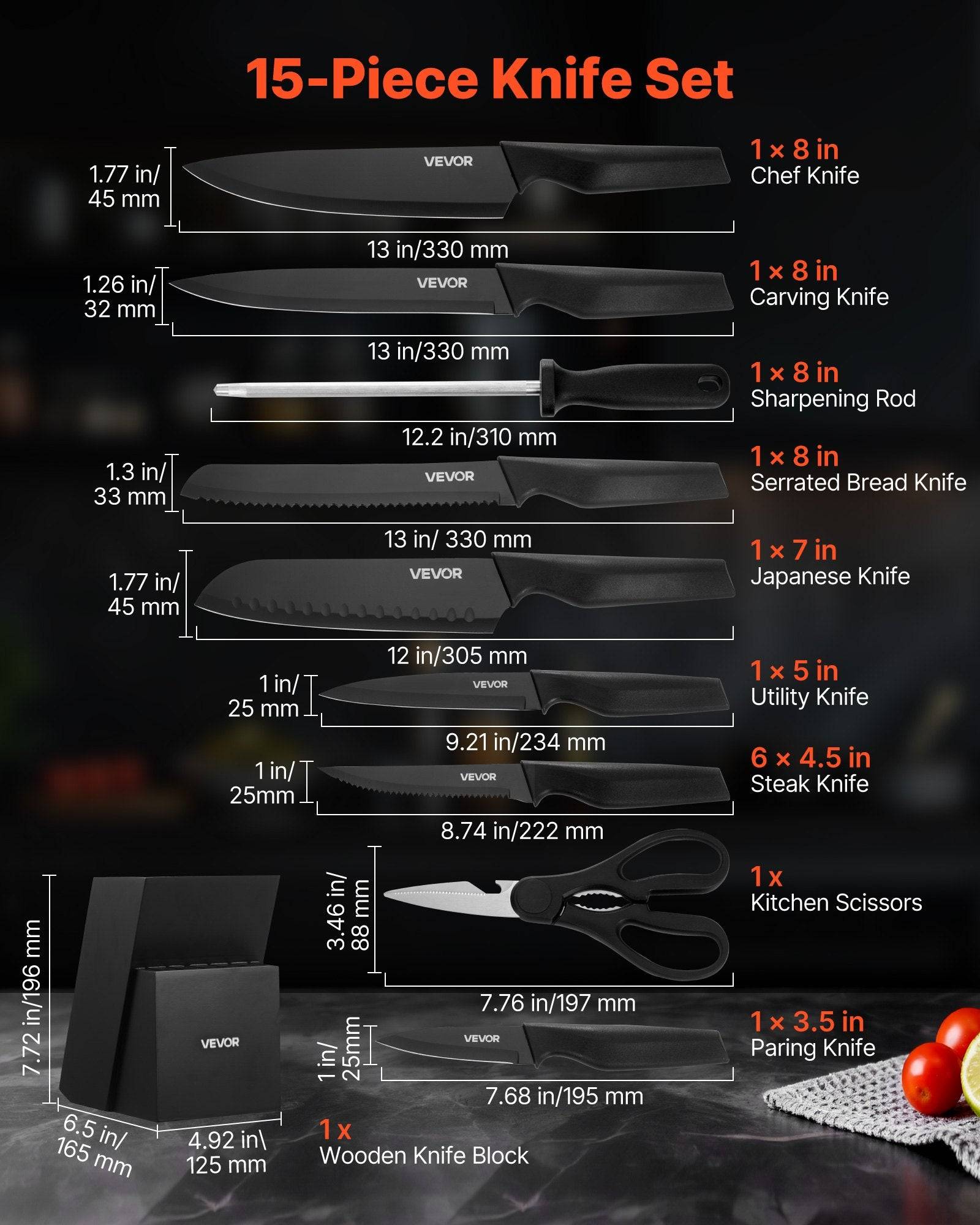 15 Piece Knife Set with Block for Everyday Kitchen