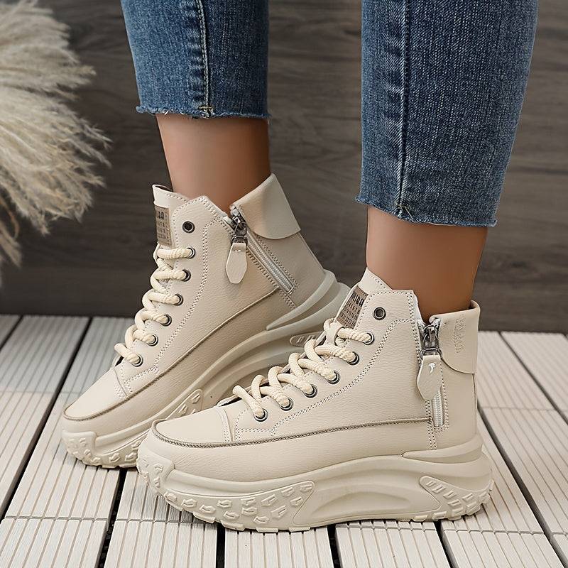 Women’s High-Top Color-Block Sports Shoes – Synthetic Leather Upper, Thick PVC Sole with Lace-Up & Buckle Straps for Outdoor Casual Wear