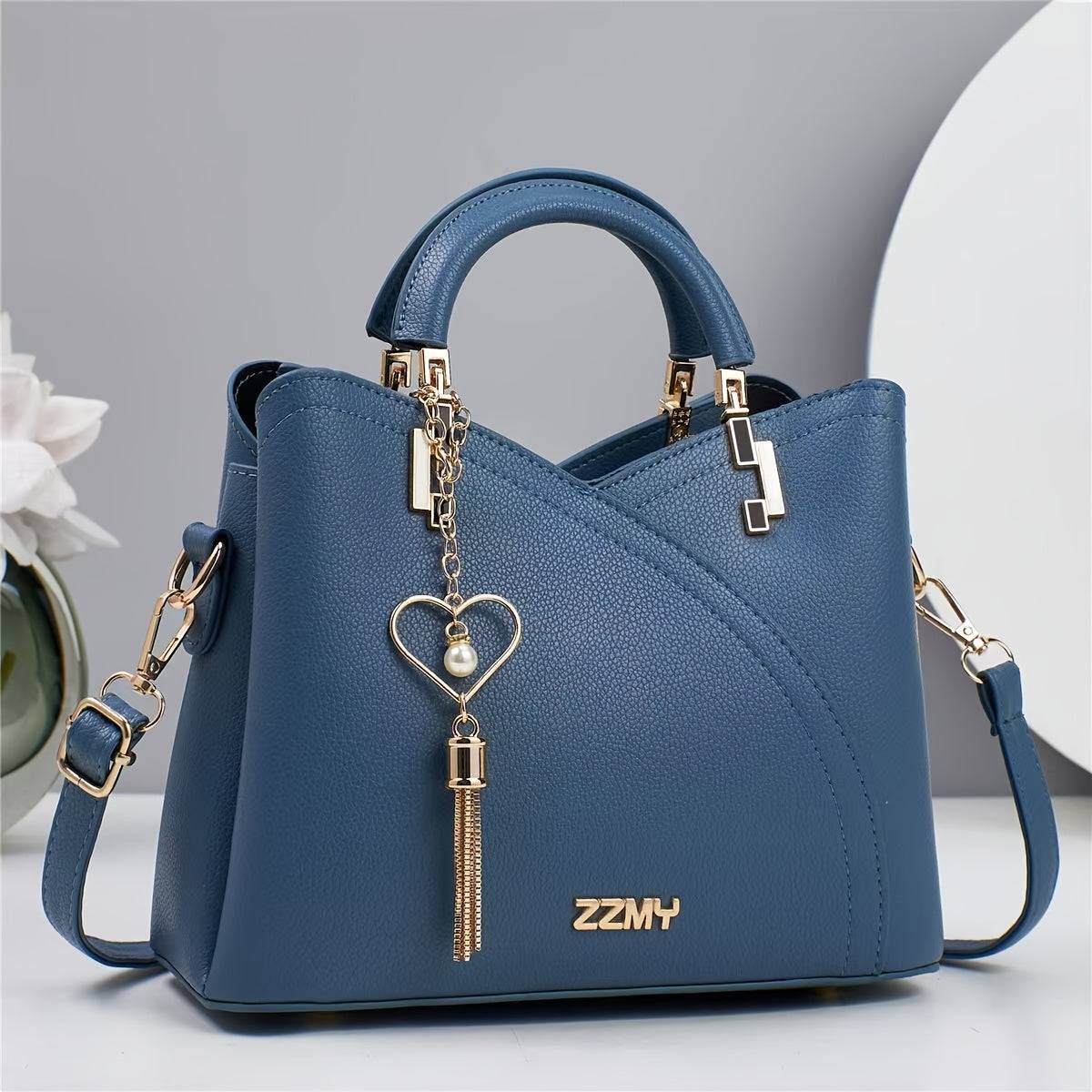 Elegant Women's Shoulder Bag with Heart Charm Lychee Texture Crossbody Strap & Magnetic Closure